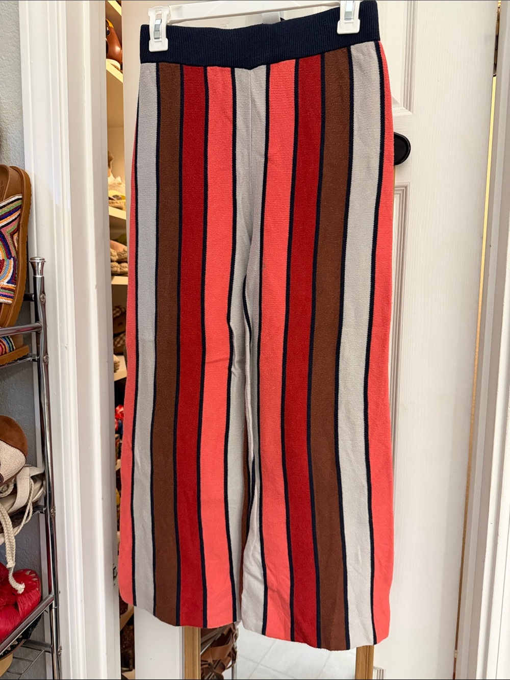 Anthropologie Dolan Striped Wide-Leg Knit Pants in Coral, Red, Brown & Cream